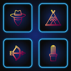 Sticker - Set line Cactus peyote in pot, Bow and arrow quiver, Cowboy and Indian teepee or wigwam. Gradient color icons. Vector