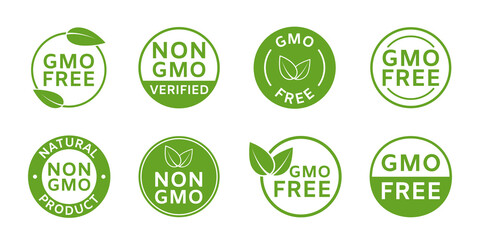 Leinwandbilder - Non GMO labels. GMO free icons. Healthy organic food concept. No GMO design elements for tags, product package, emblems, stickers. Agriculture food symbol. Eco, vegan, bio stamp. Vector illustration
