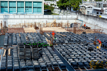 Wall Mural - Aerial view of construction workers on the construction site