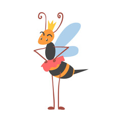 Poster - Cute Bee Queen, Happy Funny Flying Insect Character Wearing Golden Crown Cartoon Vector Illustration