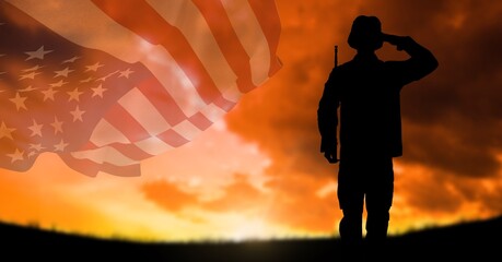 Wall Mural - Composition of silhouette of saluting soldier against sunset sky with billowing american flag