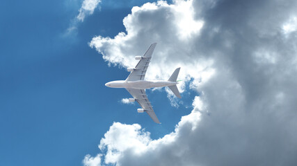 Zoom photo of passenger plane flying above deep blue cloudy sky