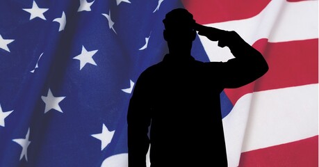 Wall Mural - Composition of silhouette of soldier saluting on american flag background