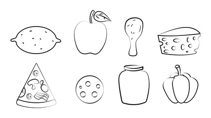 Black and white set of eight icons of delicious food and snacks items for a cafe bar restaurant on a white background: lemon, apple, chicken, cheese, pizza, sausage, can, pepper