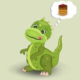 Fototapeta Dinusie - Funny dinosaur. Appetizing cake. The baby dinosaur presented an appetizing piece of cake that he wants to eat. Cartoon. Animation. Animal.Background. Isolated. Beautiful