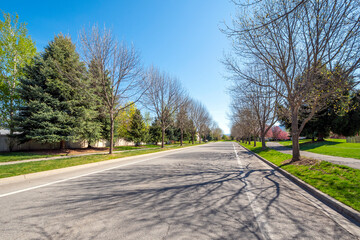 A wide tree lined street alongside a park in a suburban neighborhood in Coeur d'Alene, Idaho, at early spring.