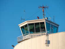 An Exterior Of An Old And Abandoned Air Traffic Control Tower From The 1930s'. VHF Radio Antennas On Top Of The Roof.