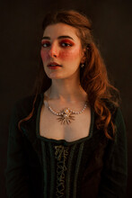 Girl Medieval Portrait Red Green Tones Long Hair Looking At The Camera 