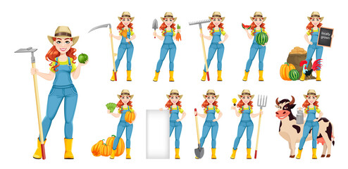 Poster - Beautiful woman farmer, set of eleven poses