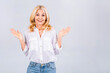 © denis_vermenko - Happy elegant mature senior business woman smiling standing isolated on white background. Smiling confident cheerful middle aged lady with white smile looking at camera, copy space.