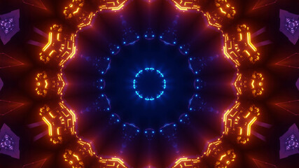 Wall Mural - 3d rendering of futuristic kaleidoscope patterns in neon blue and orange vibrant colors