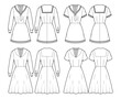 © Vectoressa - Set of Dresses sailor technical fashion illustration with short long sleeve, fitted body, middy collar, stripes, mini knee length pencil skirt. Flat apparel front, back, white color style. Women, men