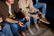 © alfa27 - Crazy Young People Friends Enjoying Playing Videogame Game Console, Resting At Home, Resting At Home, In Casual Clothes, Games Console
