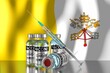 Covid-19, SARS-CoV-2, coronavirus vaccination programme in Vatican, four vials and syringe - 3D illustration