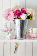 Peony Flowers On Shelf With Easter Objects