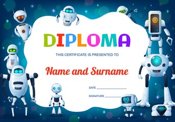 kids education vector diploma, cartoon robots, cyborgs or droids certificate of school graduation. s