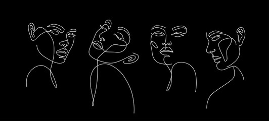 Set of stylized woman faces. Modern single line art. Woman beauty fashion concept, minimalistic style.