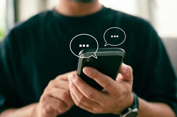 Leinwandbilder - Man hand typing on mobile smartphone, Live Chat Chatting on application Communication Digital Web and social network Concept, internet network technology