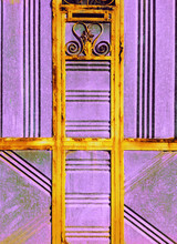 Old, Purple Vintage Metal Doors With Rusty Yellow Decorative Elements