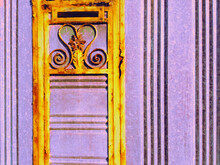 Old, Antique Metal Purple Door With Rusty Golden Decorative Elements