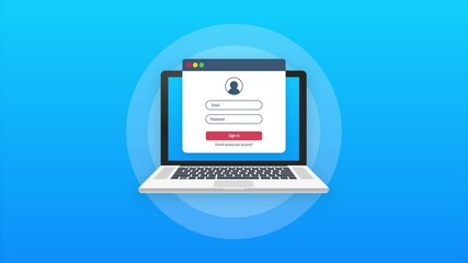 Login page on laptop screen. Notebook and online login form, sign in page. User profile, access to account concepts. Motion graphics.