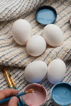 Five Eggs On  Striped Tea Towel With Colours