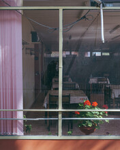 Geranium Flowerpot On The Window Of An Empty Restaurant