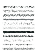 Set of vector grunge graphite pencil art line brush template. Ink textures of different shapes. Collection of hand drawn brush strokes, scribble design elements isolated on white background