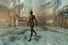 Cyborg Walking In The Rain