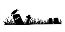 Vector Black And White Illustration. Border, Banner. Landscape Of A Cemetery, Old Graves, Monuments. Background For Halloween, Silhouette, Outline. Fabulous, Cartoon Drawing