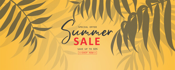 Poster - Summer sale banner design with tropical leaves background