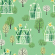 Seamless pattern with greenhouses in green. Minimalistic Scandinavian style.