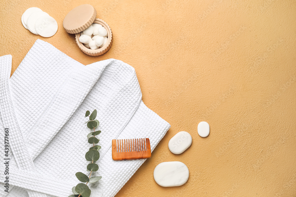 Set of spa supplies on color background