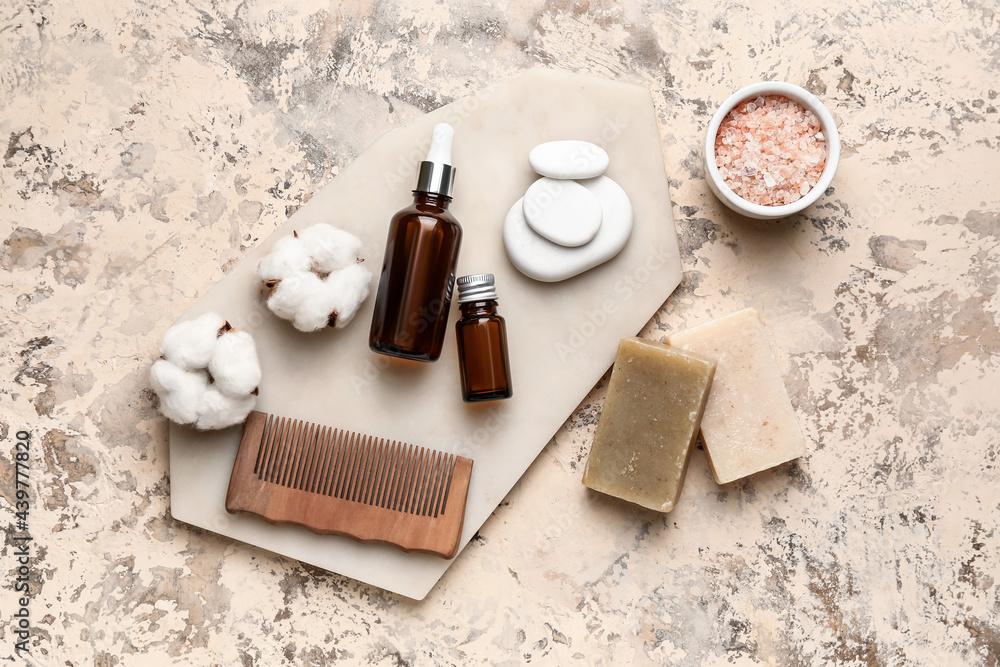 Set of spa supplies on grunge background