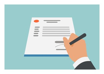 Hand giving signature on a form paper. Simple flat illustration in perspective view.
