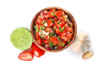 Bowl of tasty Pico de Gallo salsa on white background