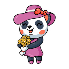 Cute little panda girl cartoon holding flowers