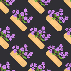 seamless pattern with sticking plasters and purple flowers. medical patch repeat texture. on black b