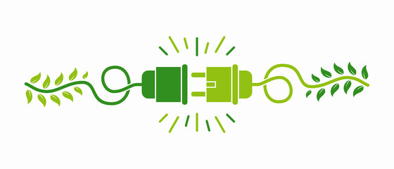 Green energy electricity, electric plug icon sign with cable and leaf vector Illustration