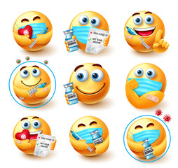 Wall Mural - Smiley covid-19 vaccine vector set. Emojis 3d vaccinated emoticon characters in healthy and safe facial expressions for coronavirus vaccination avatar collection design. Vector illustration
