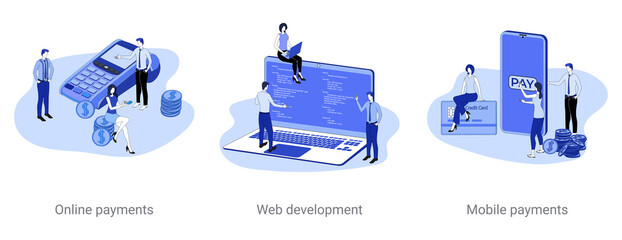 Online payments, web development,mobile payments.A set of vector illustrations on a business theme.Abstract isometric illustrations in blue.