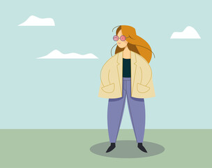 Wall Mural - vector flat illustration of young woman standing in park in sunny day