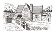 Travel sketch of Bibury, England Hand drawing of the old town. Urban sketch in black color isolated on white background. Illustration line art of England. Freehand drawing. Hand drawn travel postcard.