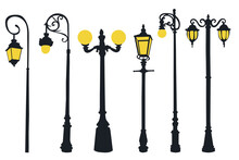 Set Of Street Lamp Post In Flat Style, Isolated, Vector