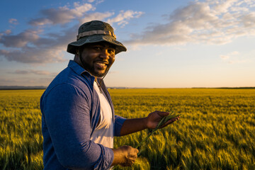 Farmer is standing in his growing wheat field. He is examining crops after successful sowing.