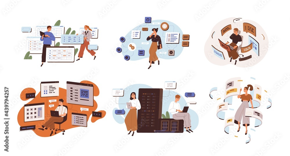 Concept of software development and web programming. Set of people coding and working with CMS architecture. Flat graphic vector illustration of backend engineers isolated on white background - obrazy, fototapety, plakaty 
