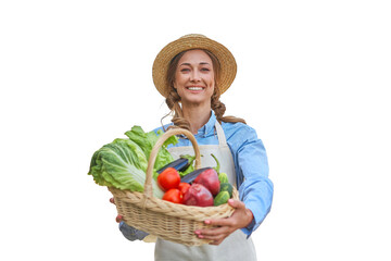 Woman dressed apron white background Caucasian middle age  female business owner in uniform