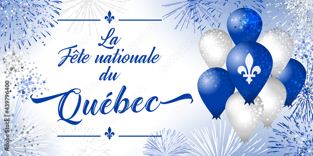 Quebec's National Holiday. Decorative French typescript La Fete Nationale du Quebec. Day of Quebec creative congrats concept. Isolated graphic design template. St. Jean-Baptiste John The Baptist Day. - obrazy, fototapety, plakaty 