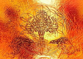 Poster - pair of ravens with tree of life and sacred geometry flower of life symbol.