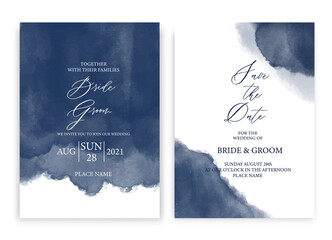 Wall Mural - Wedding invitation card navy blue watercolor style collection design, watercolor texture background, brochure, invitation template